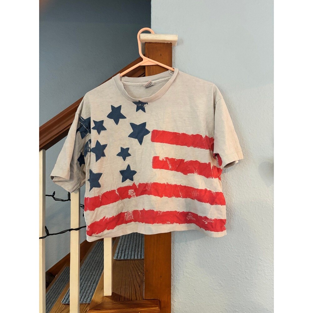 Vintage fruit of the loom USA patriotic flag AOP crop t shirt USA L cotton